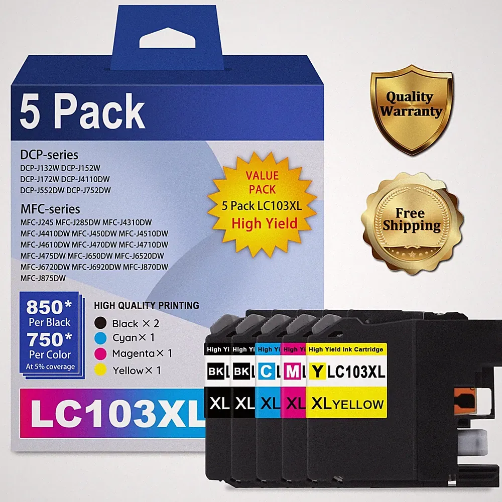 LC103 & LC103XL Ink Cartridges (5-Pack: 2BK, 1C, 1M, 1Y) for Brother Printers